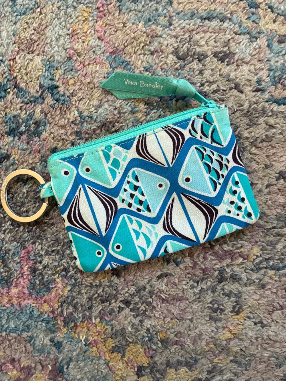 Vera Bradley Teal Aqua Fish Print Zip Wristlet Keyring